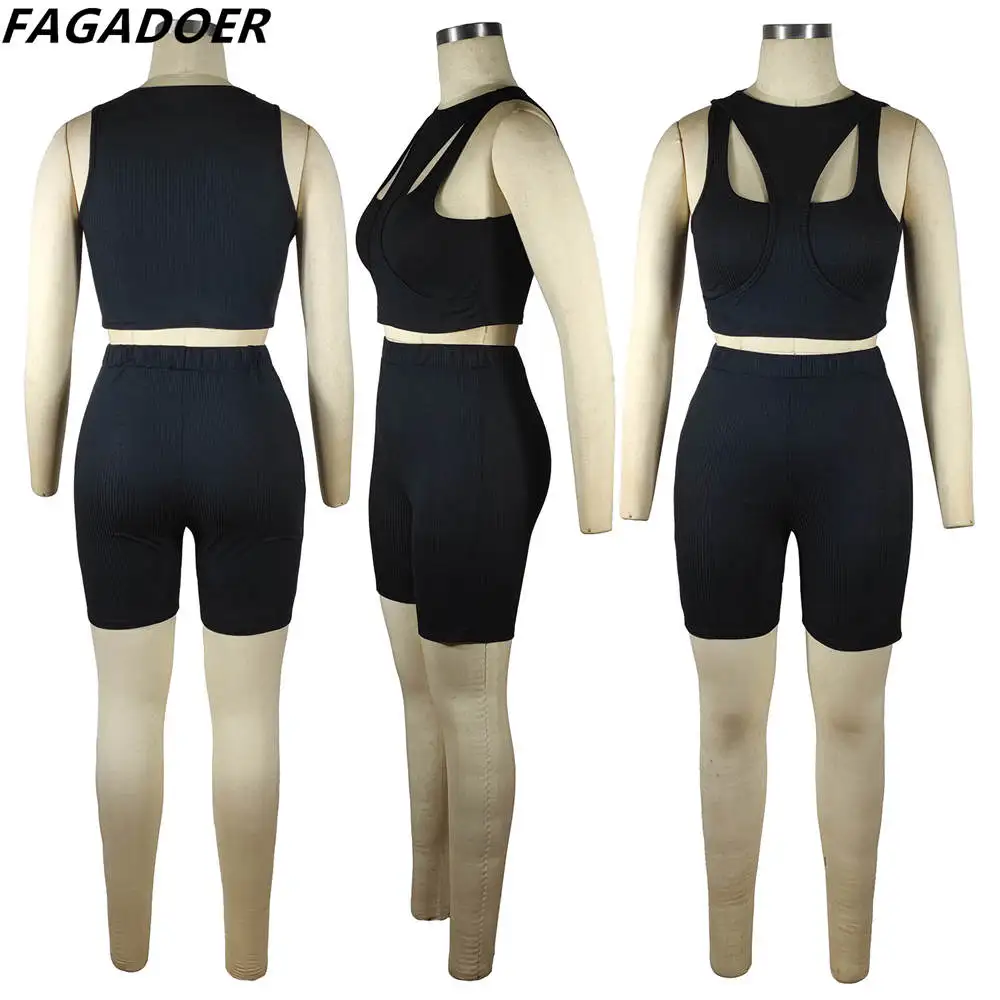 FAGADOER Casual Solid Color Ribber Two Piece Sets Women Sleeveless Crop Top And Biker Shorts Tracksuits Female Sport 2pcs Outfit