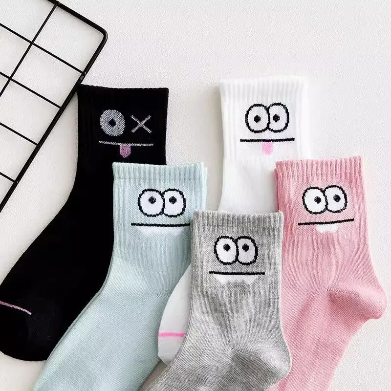 5 Pairs Cute Expression Print Socks, Comfy & Funny All-match Mid Tube Socks, Women\'s Stockings & Hosiery