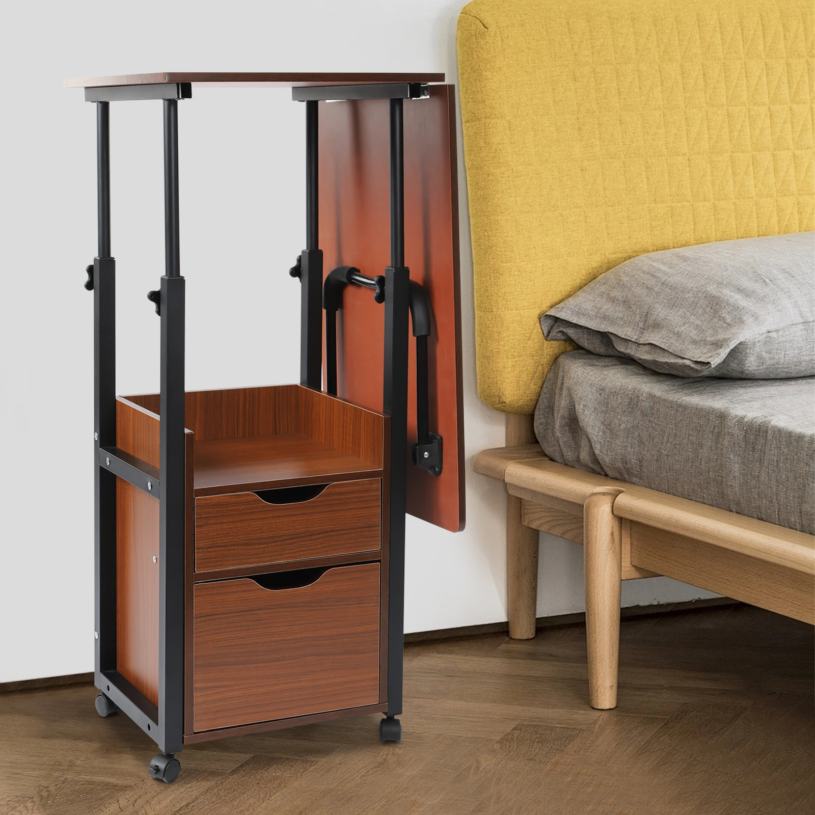 Mesa sobre cama con ruedas, mesita de noche móvil y ajustable para ordenador portátil, bandeja rodante para cama de hospital con gabinete de almacenamiento, se adapta al sofá