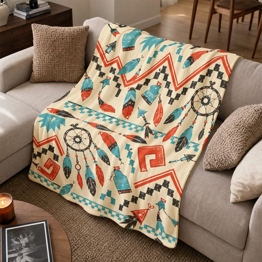 Bohemian Southwestern Dreamcatcher Throw Blanket Fall Cozy Sofa Decor Tapestry Ethnic Geometric Home Accent