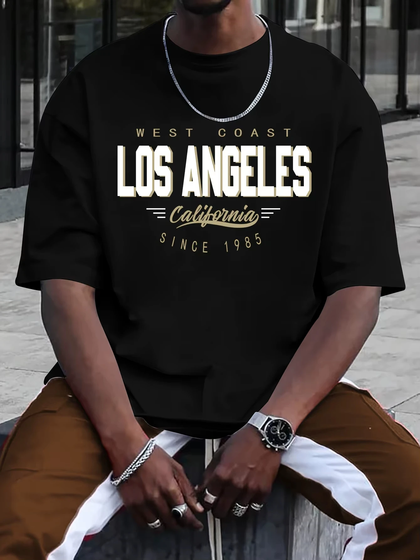 

Summer Men's Cotton Comfortable Casual Loose Breathable Comfortable Los Angeles Printed Sports Round Neck Short Sleeved Shirt