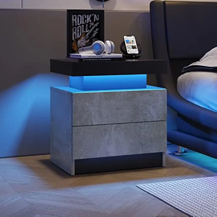 

Dolonm Nightstand LED Bedside Table Cabinet Lights Modern End Side with 2 Drawers for Bedroom furniture