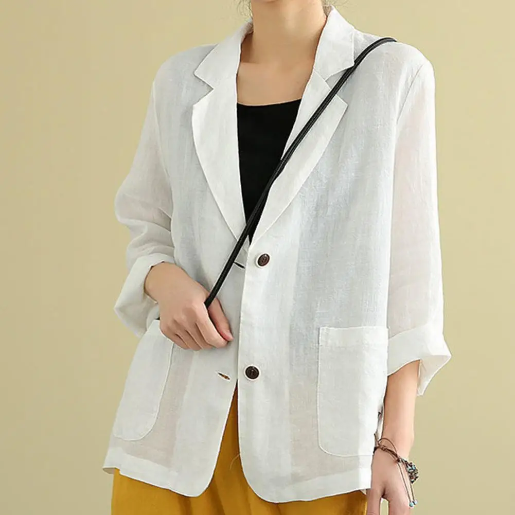 Cotton Linen Blazers Women Oversized Loose Notched Button Up Thin Blazer Coat Solid Color Long Sleeve Casual Office Jackets