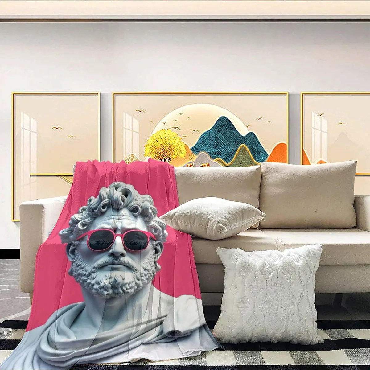 Giant Classical Greek Statue Bust Man Sunglasses Print Throw Blanket Cozy Fleece Decor Tapestry Art for Home 150x200cm