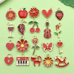 20pcs Red Enamel Charms Alloy Fruit, Flowers, Heart Pendants for DIY Bracelet Necklace Jewelry Making Accessories