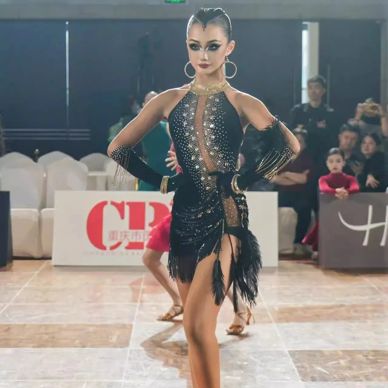 

Latin Dance Adult Children'S Dress AB Stone High-End Custom Dawn Black Feather Cha Tango Women'S Clothing