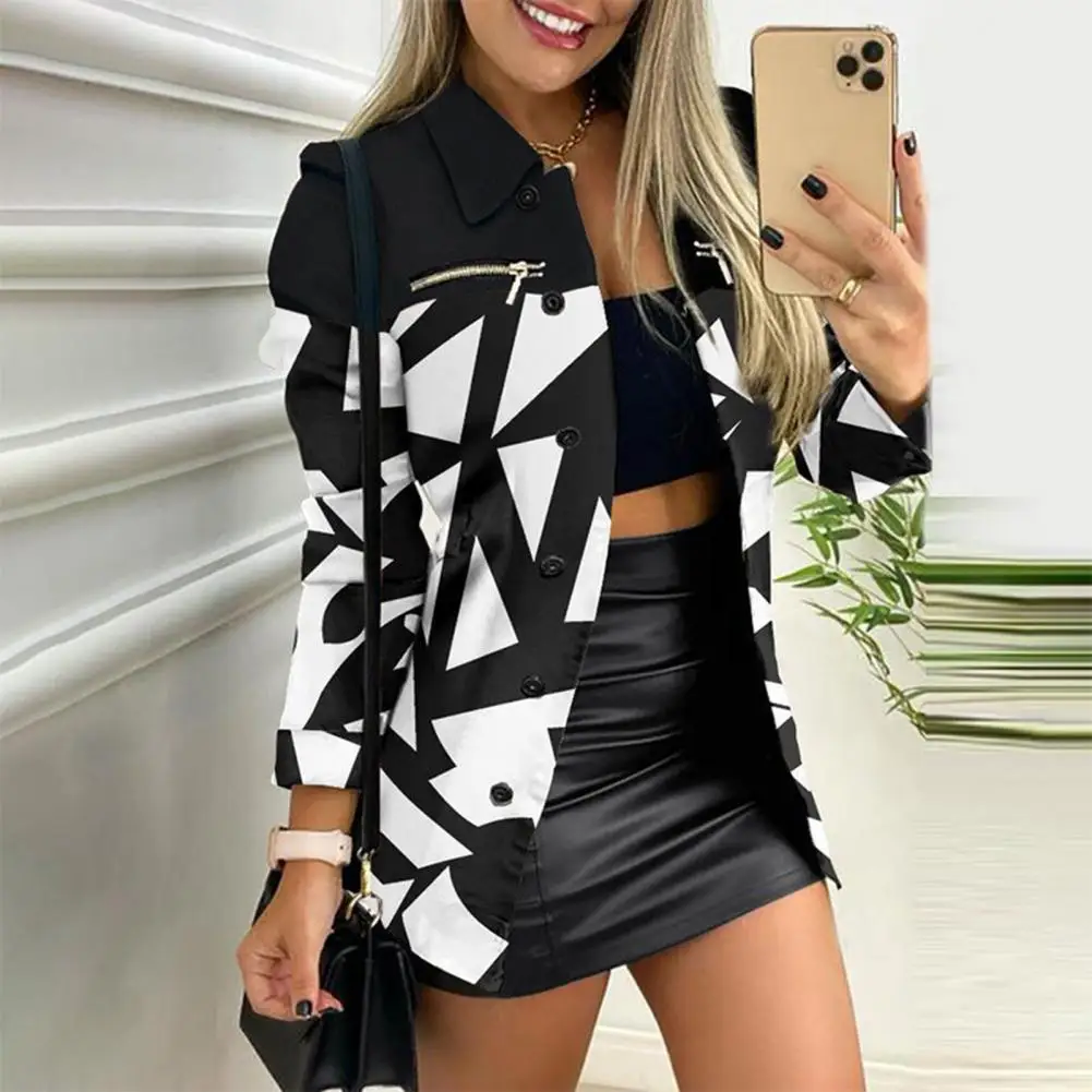 

Color Matching Women Fall Sping Blazer Color-block Print Casual Women Jacket Zipper Decor Mid Length Lady Blazer Jacket Outwear