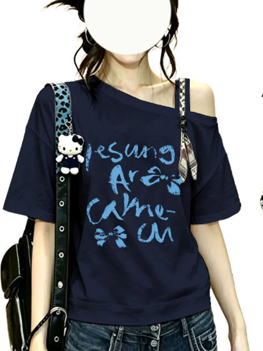 New Summer Women's Ribbon Slant Shoulder Short Sleeve T-Shirt Loose Versatile Design Comfortable Breathable Korean Style Print