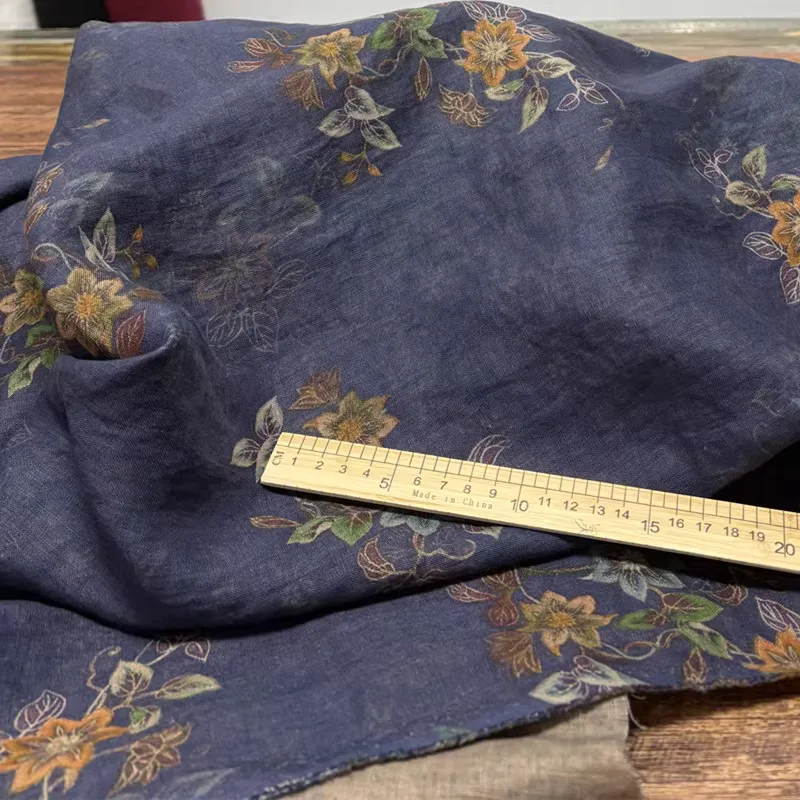 1yard High end pure flax tecidos fabrics for clothing Striped flowers printing telas shirt dress cheongsam fabric
