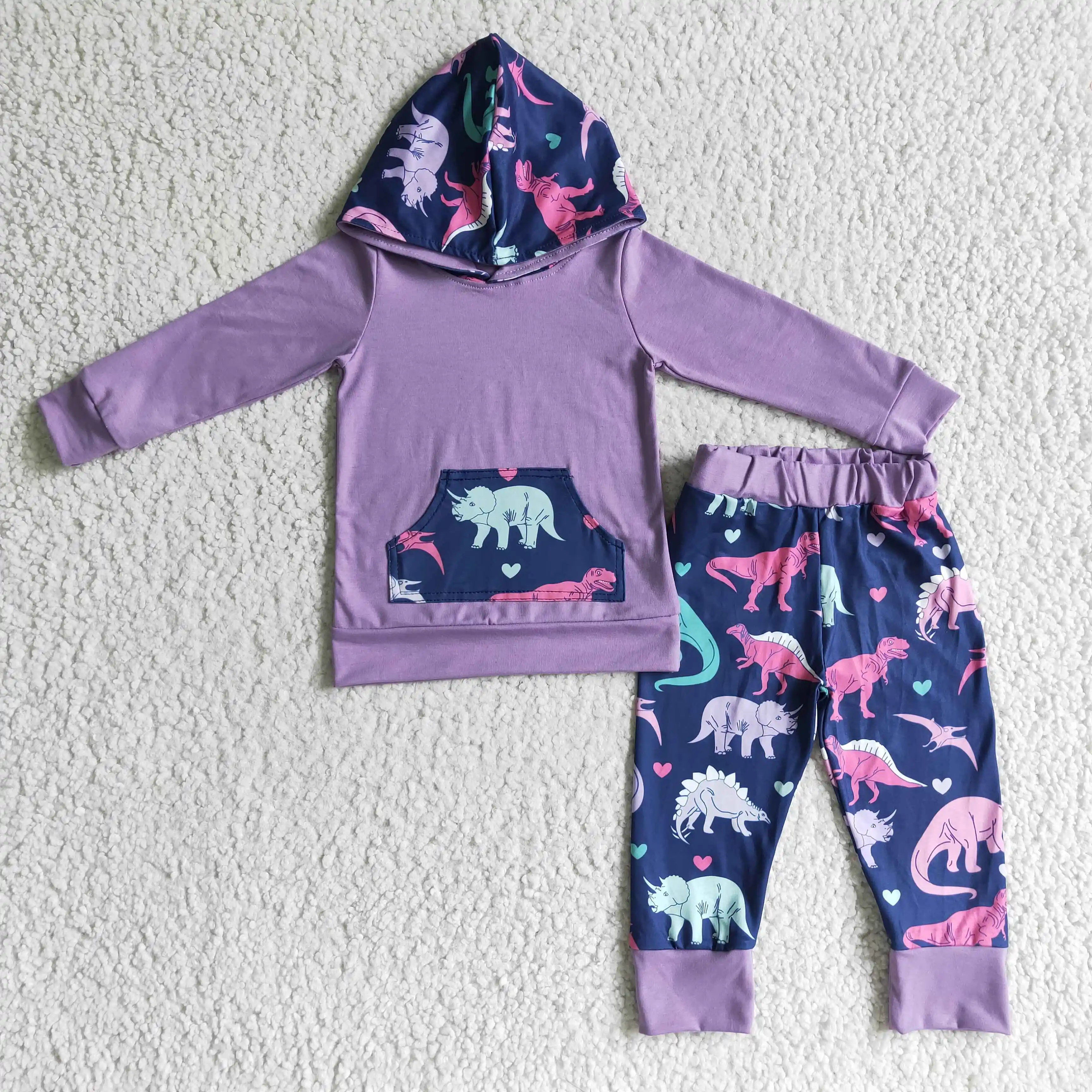 

Hot selling RTS children's boys purple winter clothing newborn hooded outfit kids boys dinosaur clothes