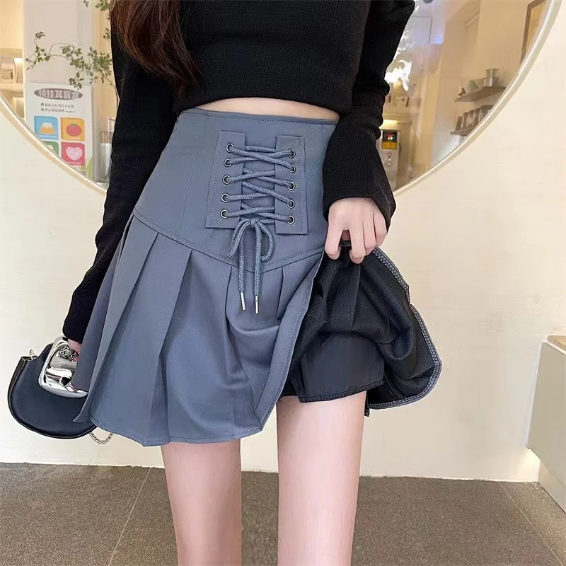 

Preppy Style Spring Summer New Skirts Women Solid Zipper Bandage Korean Fashion Hotsweet High Waist Slim A-line Pleated Skirt