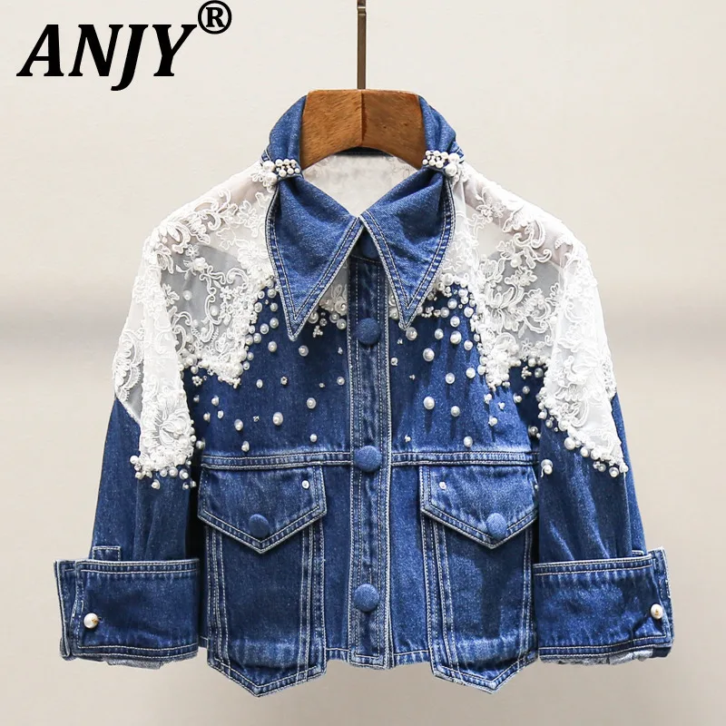 

ANJY Autumn Women High-End Fashion Lace Patchwork Pockets Short Denim Jacket Versatile Tide Jeans Casual Trendy Fresh Set A10453