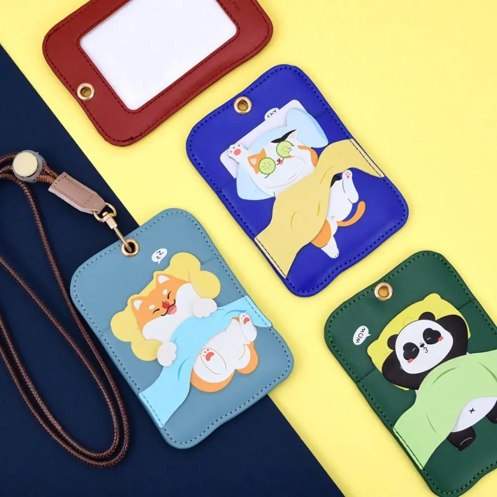 Long Lanyard Sleeping Animal Card Holder Rabbit Cat Office Badge Reel Clip Creative Portable Work Card Badge Holder Students