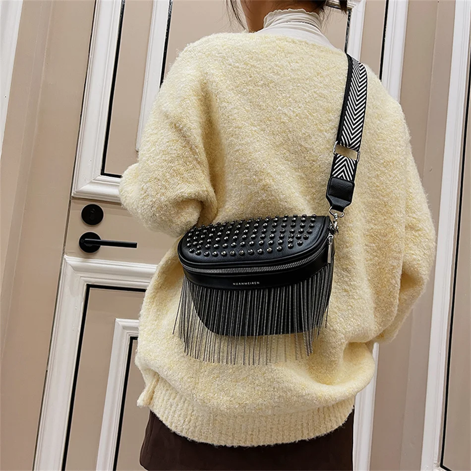 Luxury Woman Chest Bag Fashion Tassel Leather Large Capacity Crossbody Sling  Bag Women Waist Bag Casual Rivet Design Travel Sac