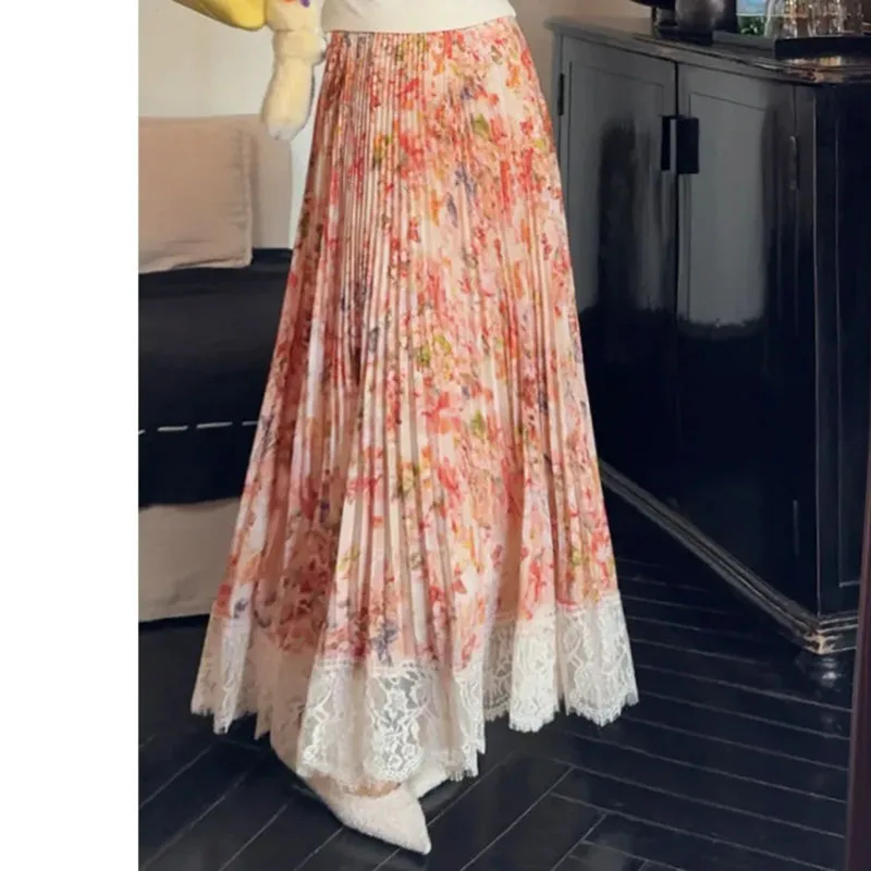

Ladies New Fresh And Sweet Pleated Spring And Summer "Magic Ripples" Monet Impression Orange Floral Lace Stitching Pleated Skirt