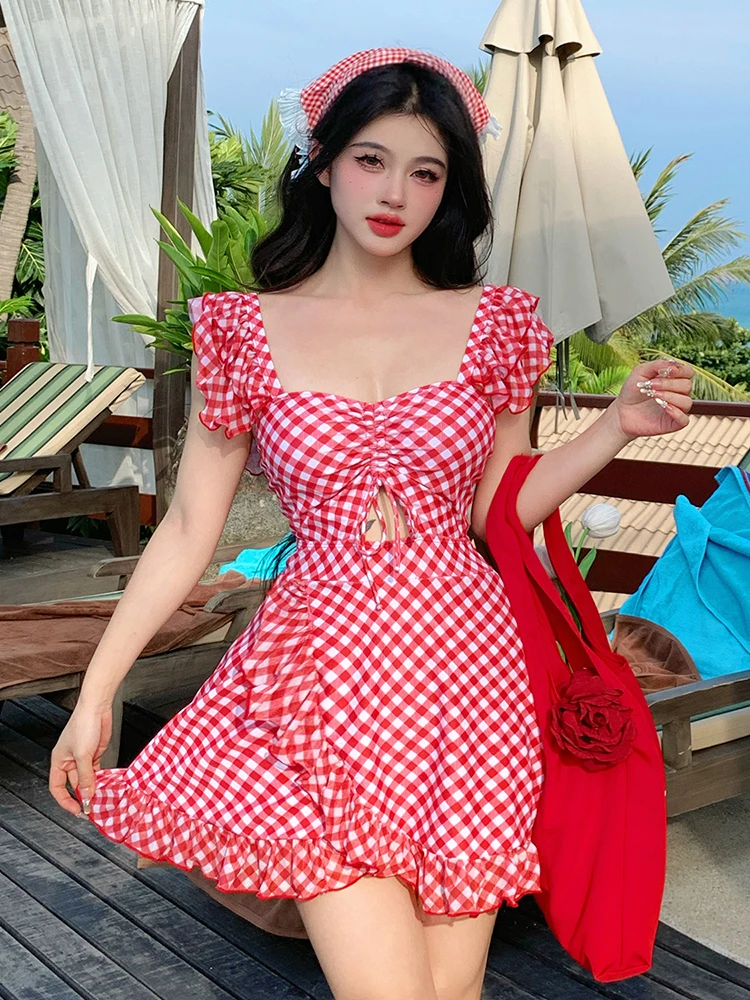 

Слитный купальник Sweet Girl в стиле юбки для термальных источников, большие размеры, скрывает живот, стройнит, в богемном стиле