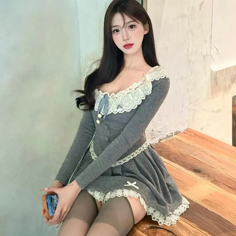 

Women Sweet Lace Skirt 2 Piece Set Grey Slim Long Sleeve Pullover High Waisted Preppy Style Patchwork Skirt Set Harajuku