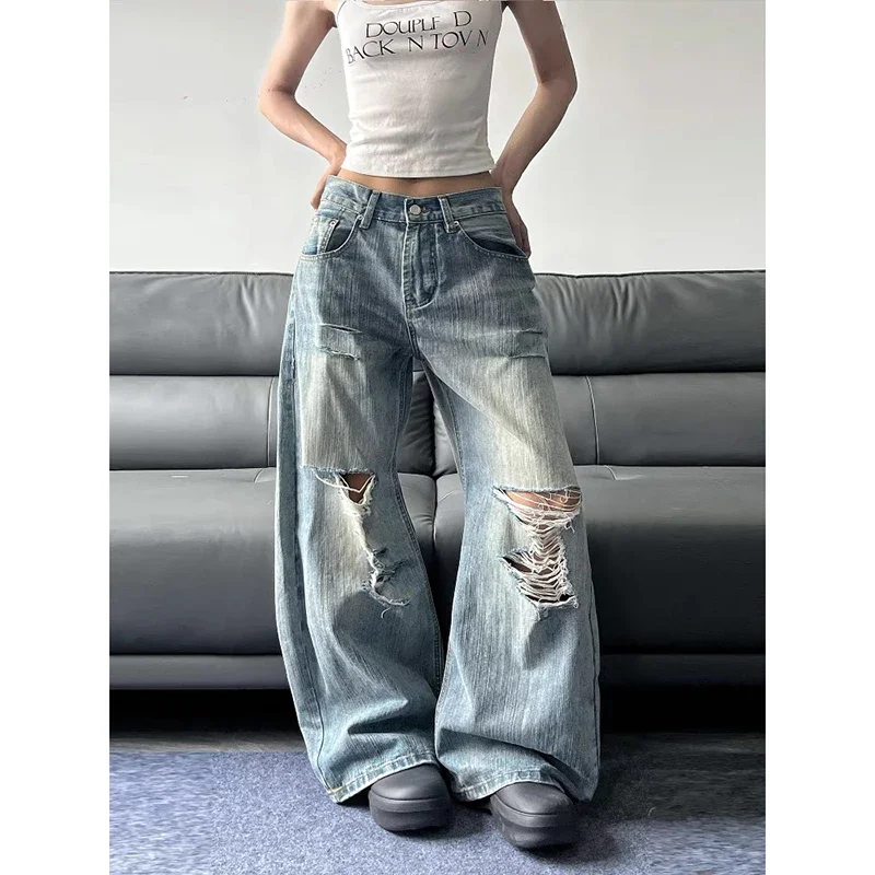 

High Street Ripped Women Blue Jeans American Vintage Streetwear Y2K Wide Leg Pants 2000s Baggy Denim Trousers Pantalones