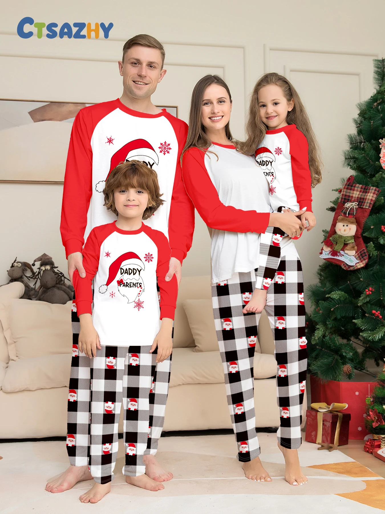 

Family Matching Xmas Sleepwear - Red - White Santa - Printed Pajamas