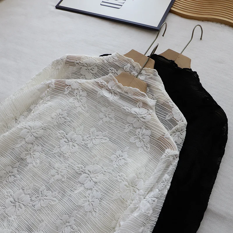 

Женский длинный све кружевной базовый топ с высоким воротником, внутренняя одежда, цветочная вышивка, модный топ, осень-зима, новый Sle