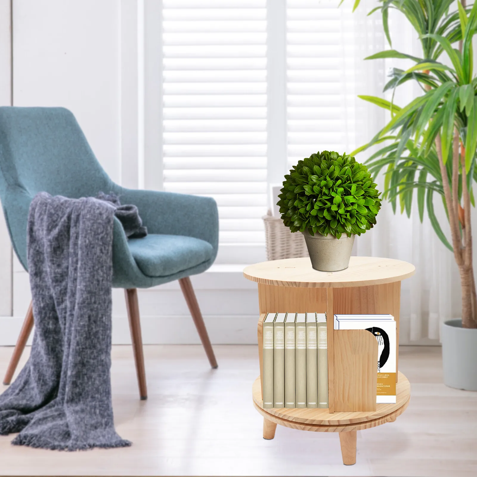 

360 Degree Display Wooden Rotating Bookshelf W/4 Legs Floor Standing Bookcase Storage Rack Stackable Cylindrical Bookshelf