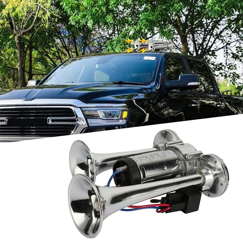 Dual electric air horn kit speakers, 12V 600db truck train air horn with compressor, suitable for car truck pickup SUV boat