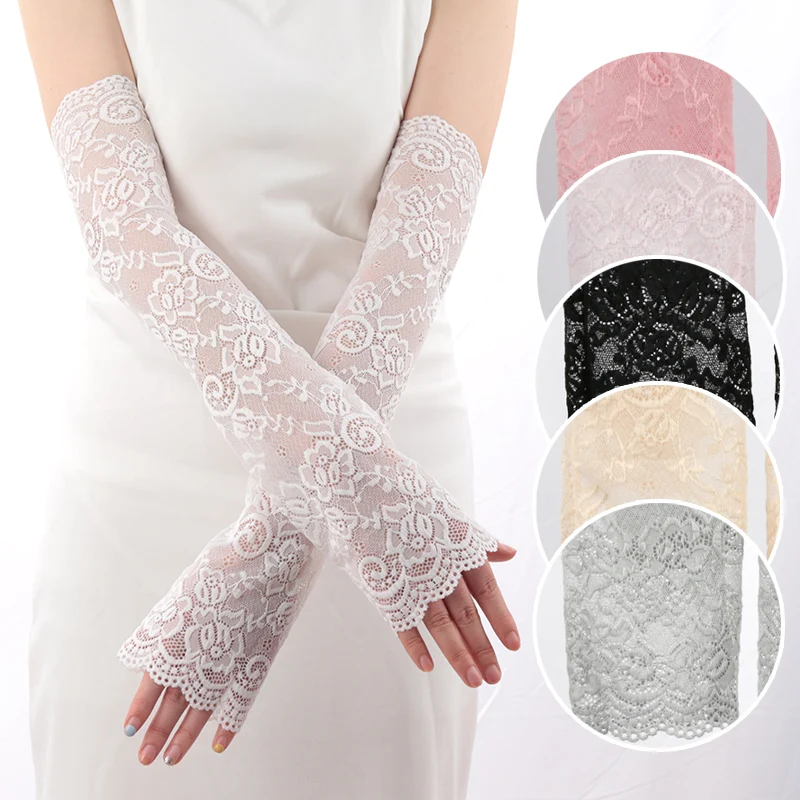 Thin Lace Long Fingerless UV Sunscreen Sleeves Women Summer Arm Cover Arm Sleeve Mittens Protection Ice Arm Cuffs Driving Gloves