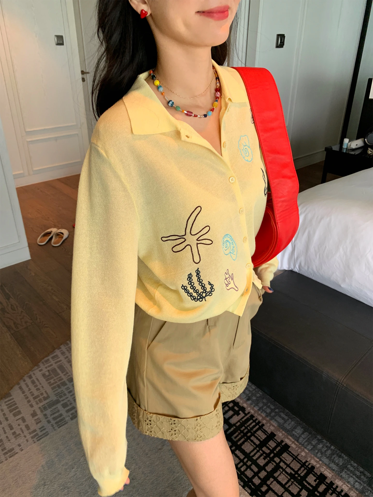 

Женский вязаный топ Long Sve из ледяного шелка, верхняя одежда с вышивкой, лето 2023, новинка Sle для поездок на работу, стандартный крой на пуговицах