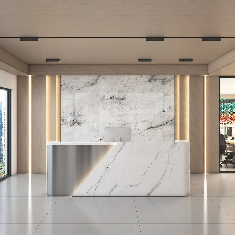 Nordic Luxury Curved Stainless Steel Reception Counter Modern Design Beauty Medical Desk Reception Counter Office Furniture FYRD