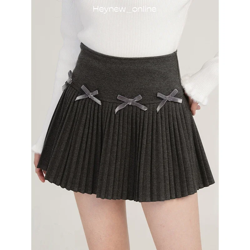 Zipper Bow Fine Women's Little Sweet Pleated Skirt Woolen Fabric Slim Fit Women Clothing  Vintage Jupe Fleurie Femme Été