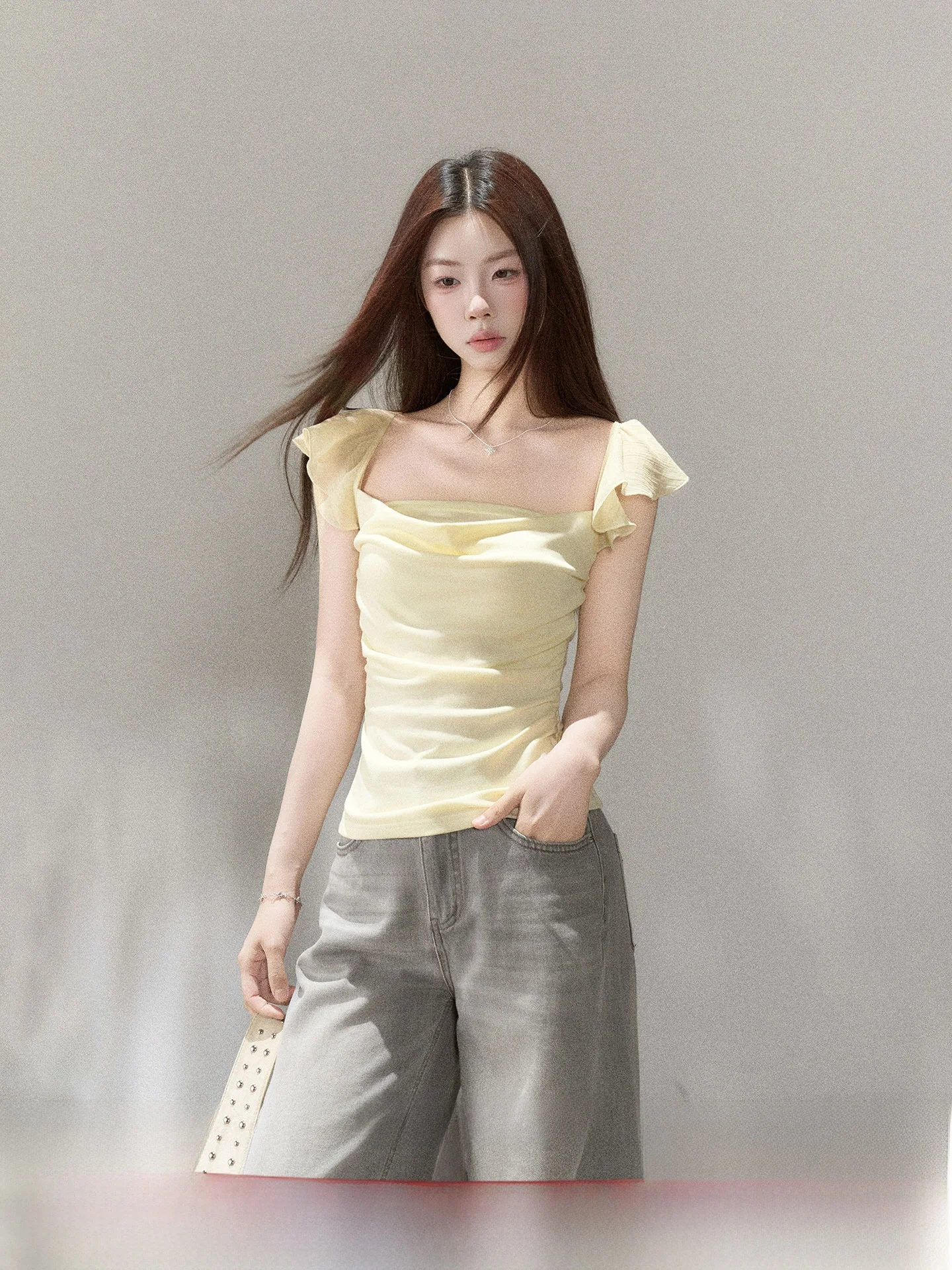 Slim Fit Square Collar Short Sleeve T-Shirt Women's Summer New Style Versatile Top Korean Style Commute Wind Creative Pattern