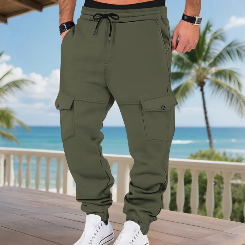Autumn And Winter Fleece Drawstring Men's Loose Casual Sports Multi-pocket Tooling Trousers