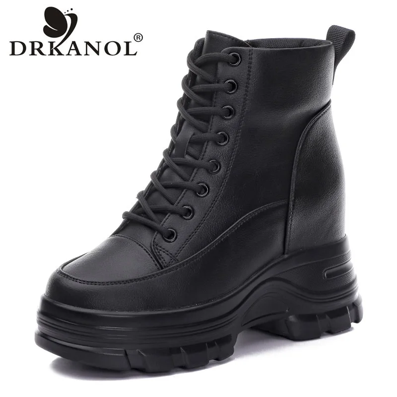

DRKANOL Women Height Increasing Ankle Boots Autumn Winter Real Cowhide Thick Sole Platform Wedges Comfort Lightweight Warm Boots