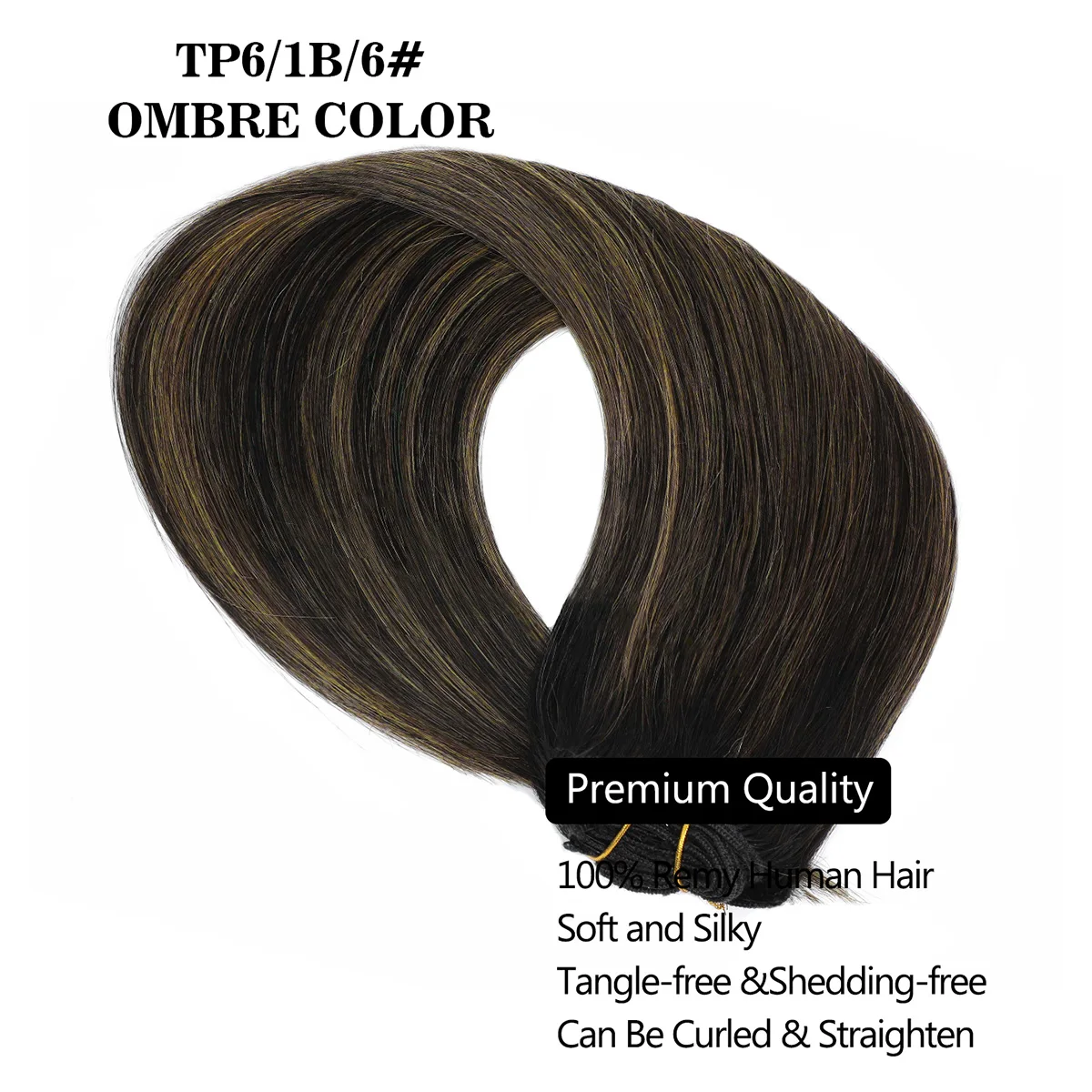 Clips in Hair Extensions Real Human Hair Ombre Black&Brown 7Pcs Straight Remy Hair Extensions for Adding Hair Length&Volume