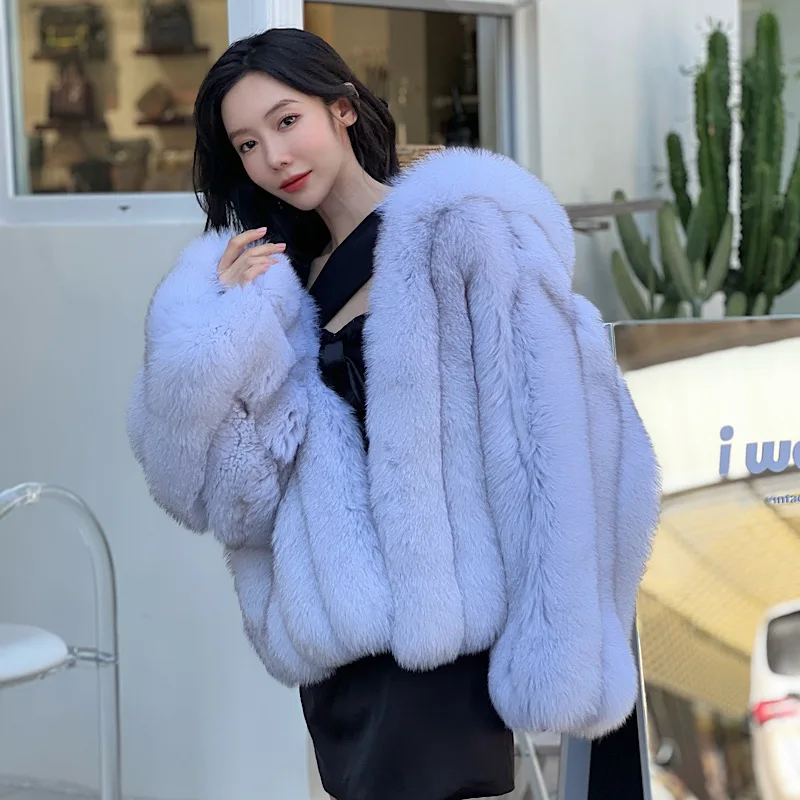 2023 WInter Women Real Blue Fox Fur Coats Whole Skin Genuine Loose bat sleeves Fox Hooded Fur