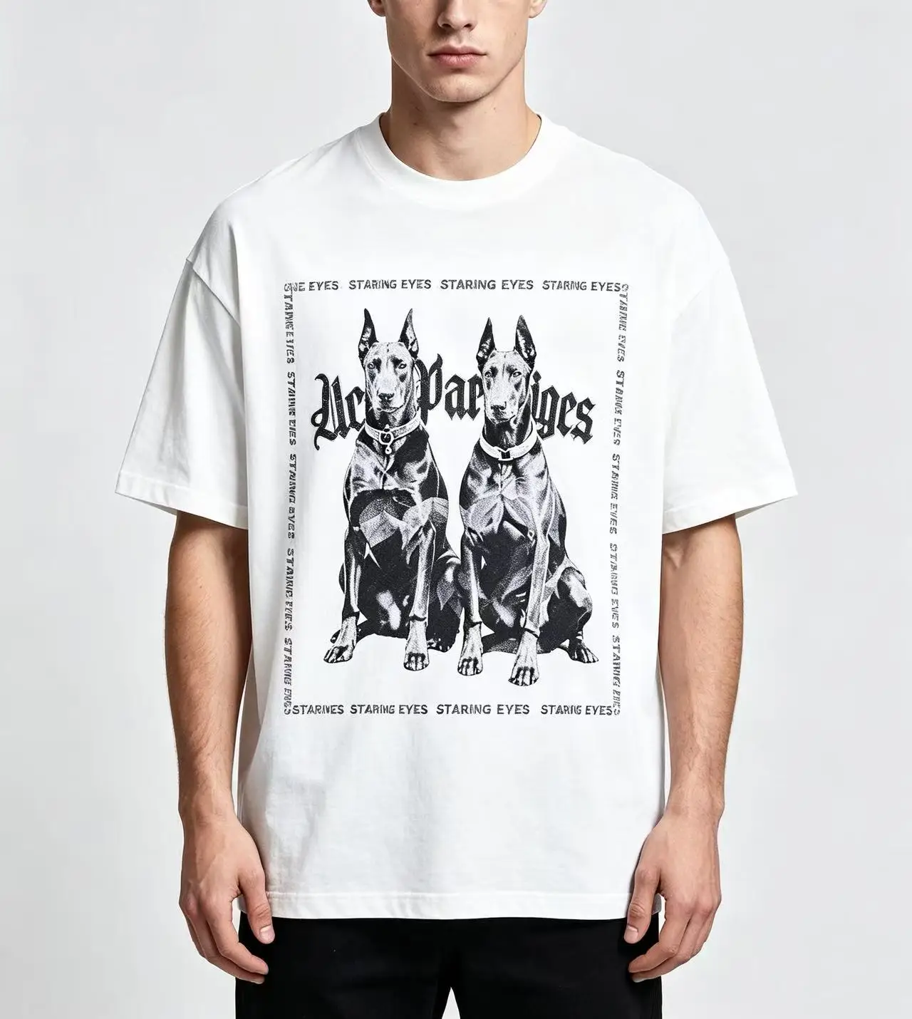 Unisex Twin Doberman Pinscher Gothic Letter Graphic T Shirt Men Women Black White Border Frame Print Oversized Crew Neck Streetwear Cotton Top