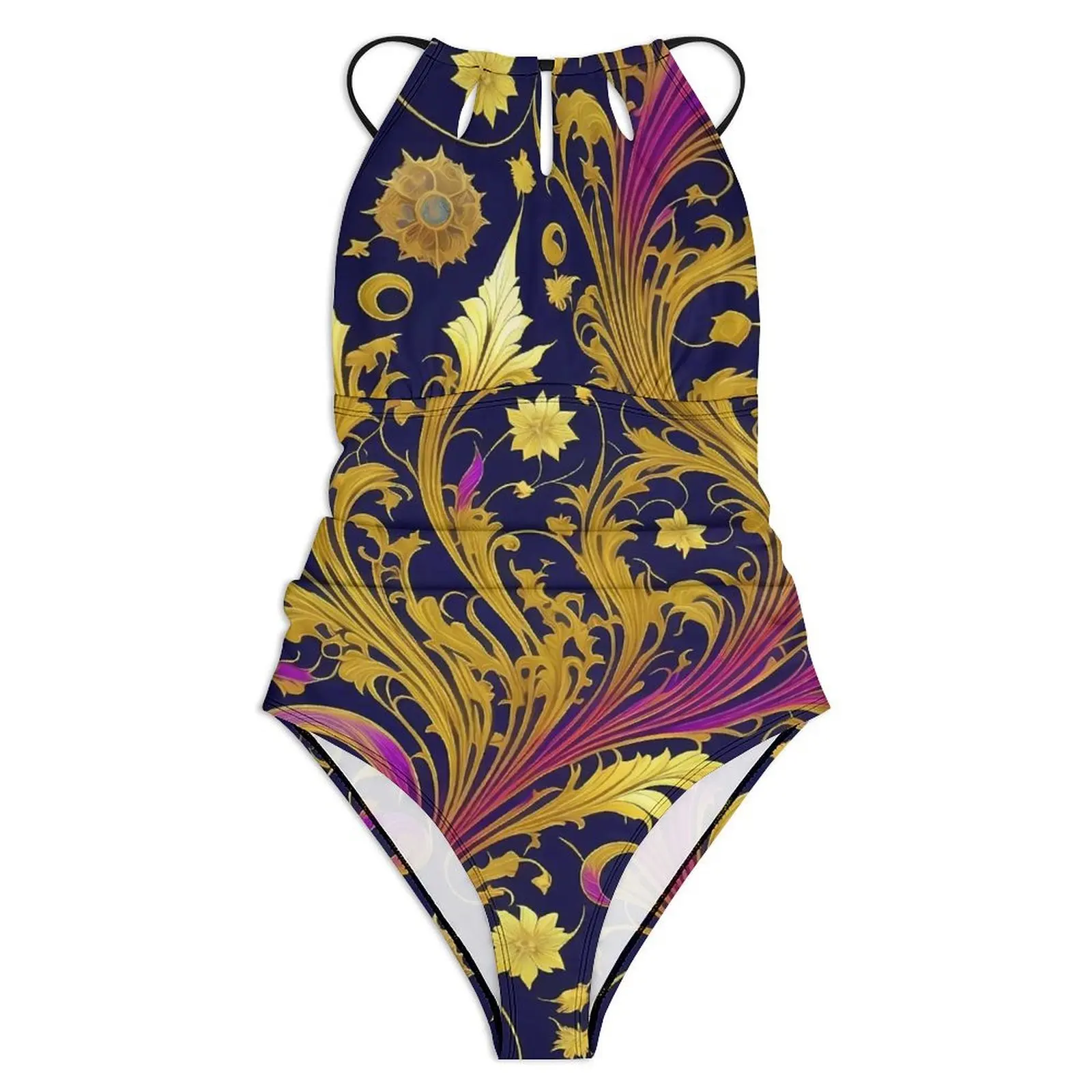 Art Nouveau Alphonse Swimsuit Mucha Gold Leaves Floral One-Piece Swimwear Push Up Bathing Suit Sexy Vacation Bath Beach Outfits