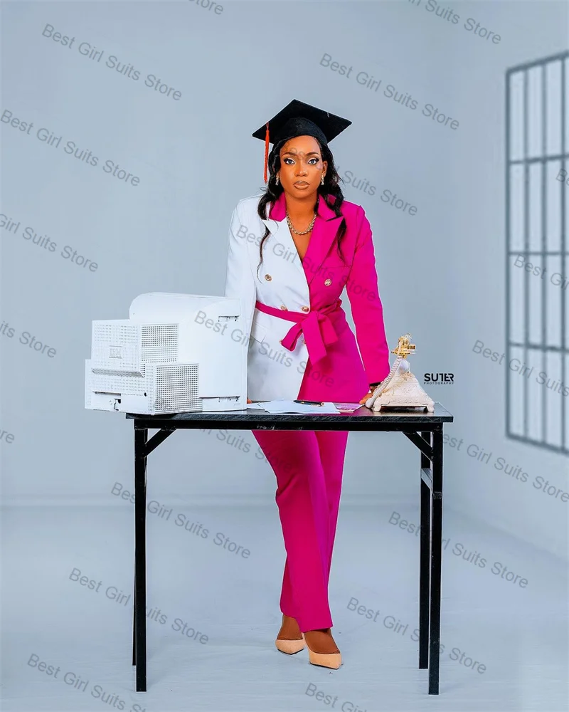 Costume 2 pièces blanc rose pour femmes, Blazer + pantalon pour remise de diplôme, veste formelle de bureau pour dames, manteau de mariage personnalisé avec ceinture, automne