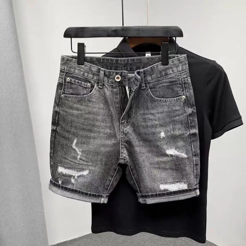 Summer New Denim Shorts Men's Korean Trendy Slim-fit Small Straight Hole Retro Washed Korean Luxury Clothing Ripped Jeans Man