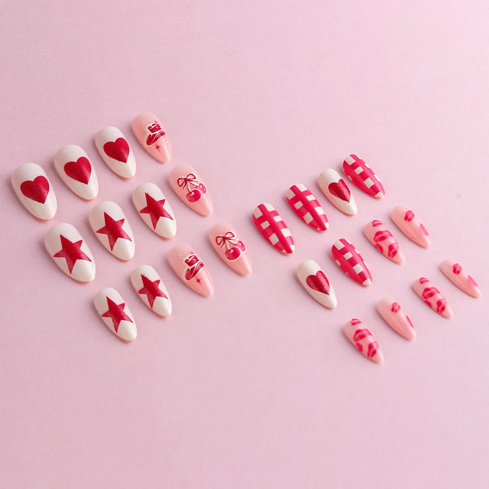 24 قطعة عيد الحب وهمية مسمار نصائح الأحمر القلب ستار الكرز طباعة اضغط على الأظافر يمكن ارتداؤها فتاة حلوة Ins اللوز الأظافر كاذبة #3