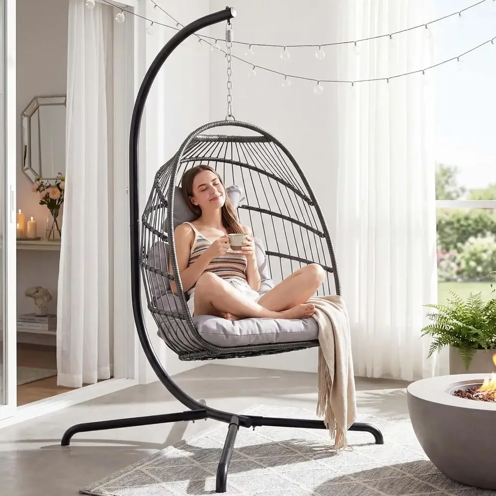 Outdoor Indoor Hanging Egg Chair with Stand, Wicker Swing Chair with Cushions, 350lbs Capacity, Grey