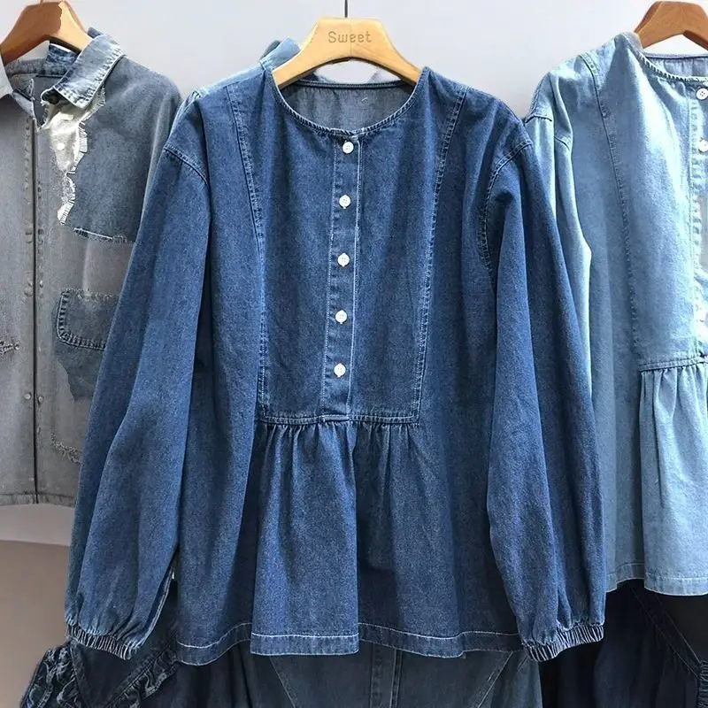 

Элитная женская джинсовая футболка-базовый слой для весны и осени, новая, стильная, для повседневной носки, художественная, длинная, с круглым вырезом, топ