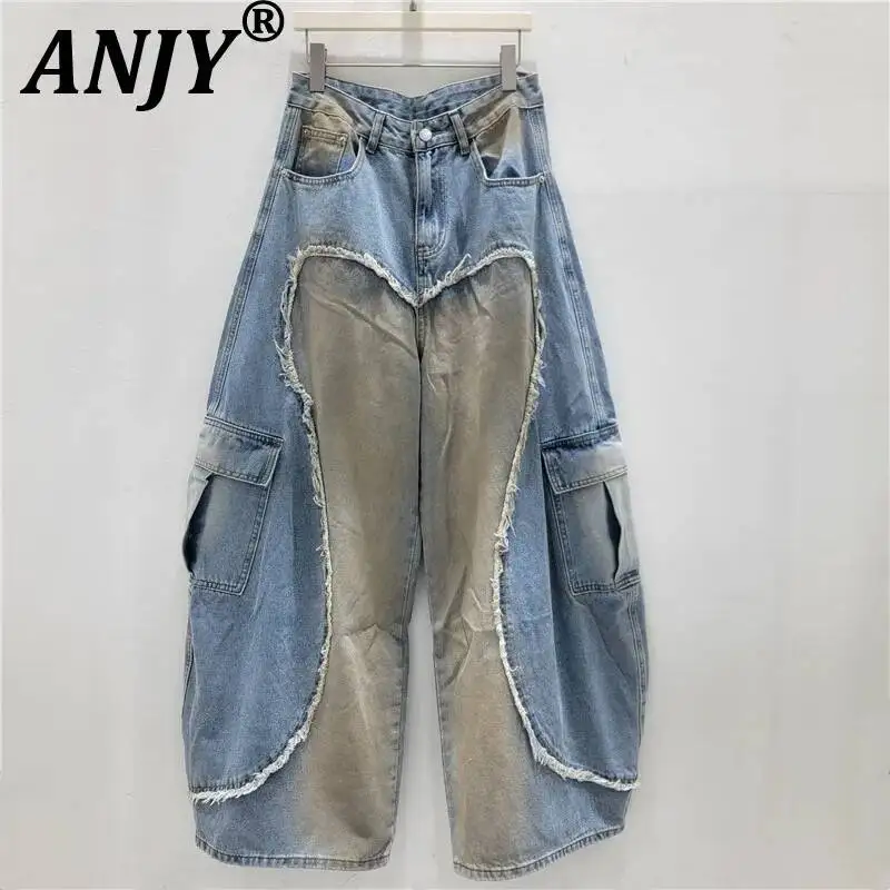 ANJY Spring Autumn New Women Tide American Safari Style Washed Patchwork Jeans Distressed Loose Wide-Leg Chic Denim Pants A24688