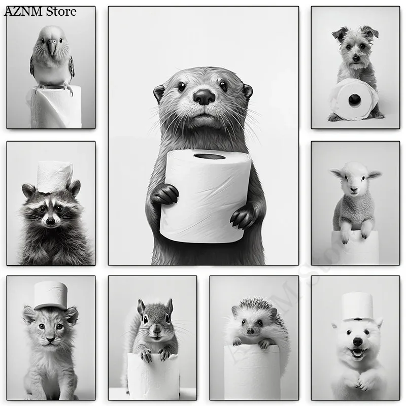 1 Stück Schwarz-Weiß Niedliches Tier- und Toilettenpapier-Poster Löwe Eule Katze Hund Leinwandbild Wandkunst Badezimmer Wohnzimmer Heim-Deko