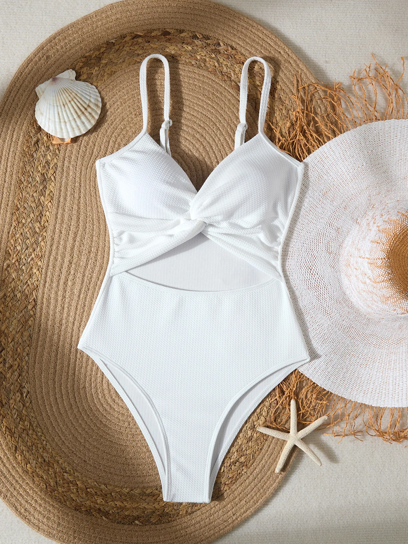 2025 White Backless Solid One-Piece Swimsuit Russian Teen Girls' Tight-Fitting Monokini Sexy Cutout Bathing Suit Summer Holiday