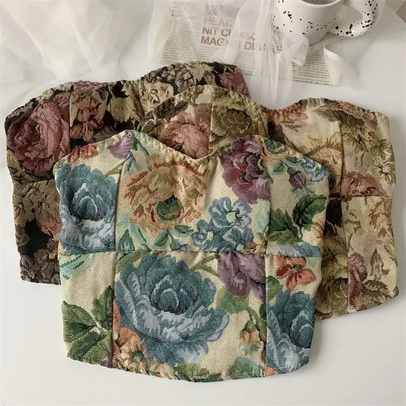 1 Piece Oil Painting Vintage Floral Bustier Tank Top Women with Bra Pads Outwear Beauty Back Wrap Backless Tops