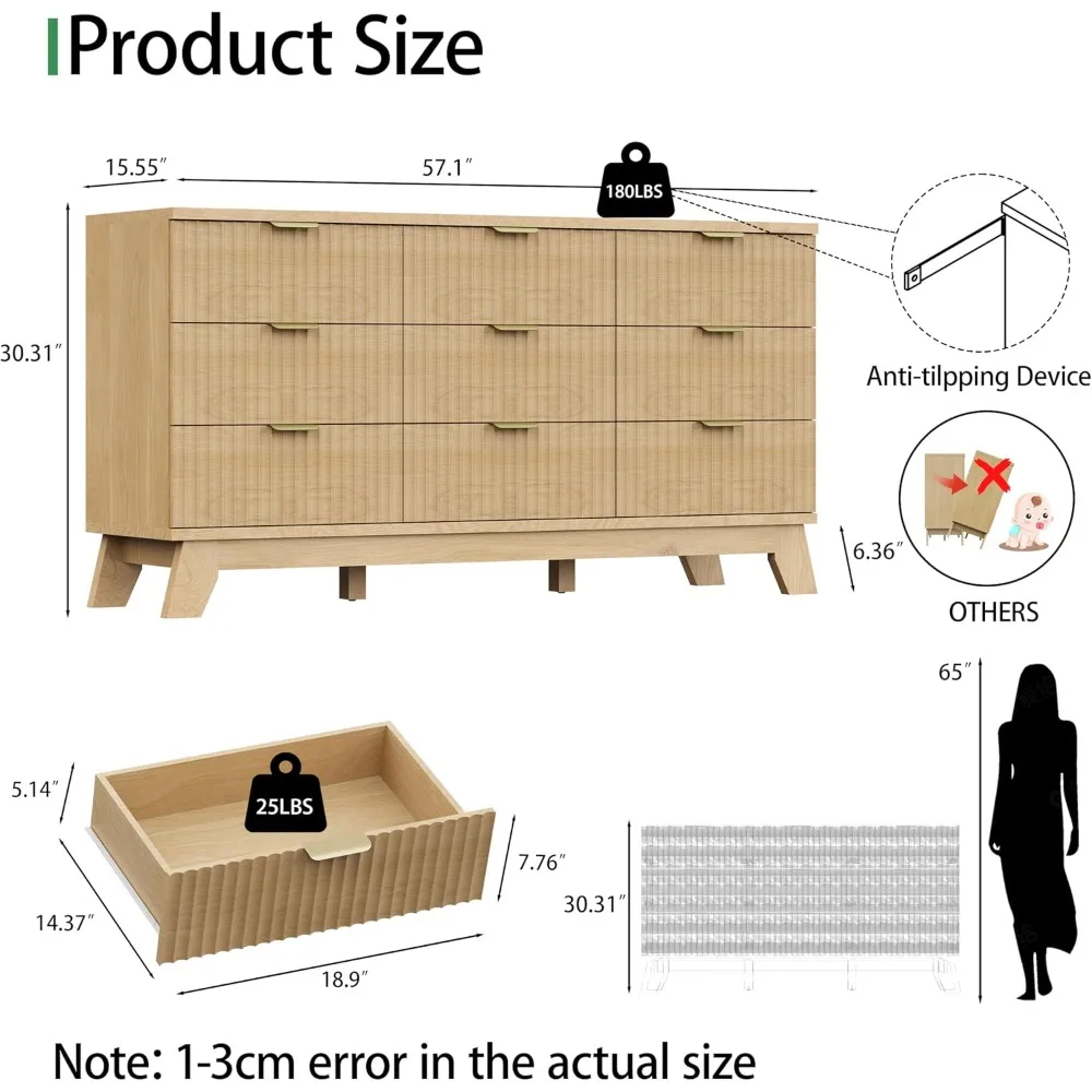 خزانة غرفة نوم ذات 9 أدراج بتصميم مخدد حديث ومقابض معدنية #2