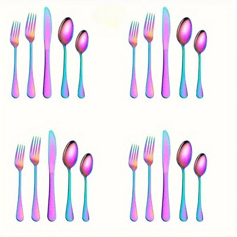 

20 sets of stainless steel rainbow plated tableware, safe and reliable material, suitable for family dining, dishwasher safe.