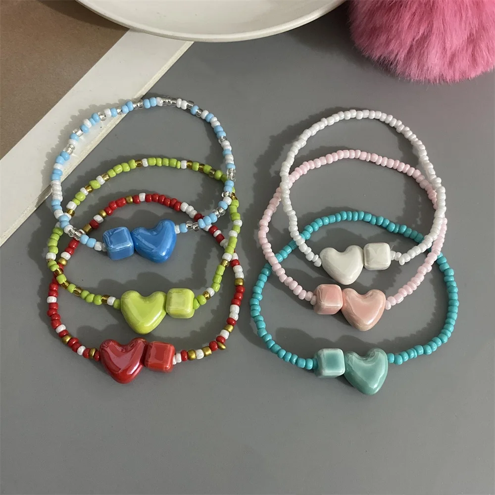 Cute Love Heart Bracelet Small Rice Beads Fashion Handmade Bracelet Geometirc Ceramic Square Heart Hand Jewelry