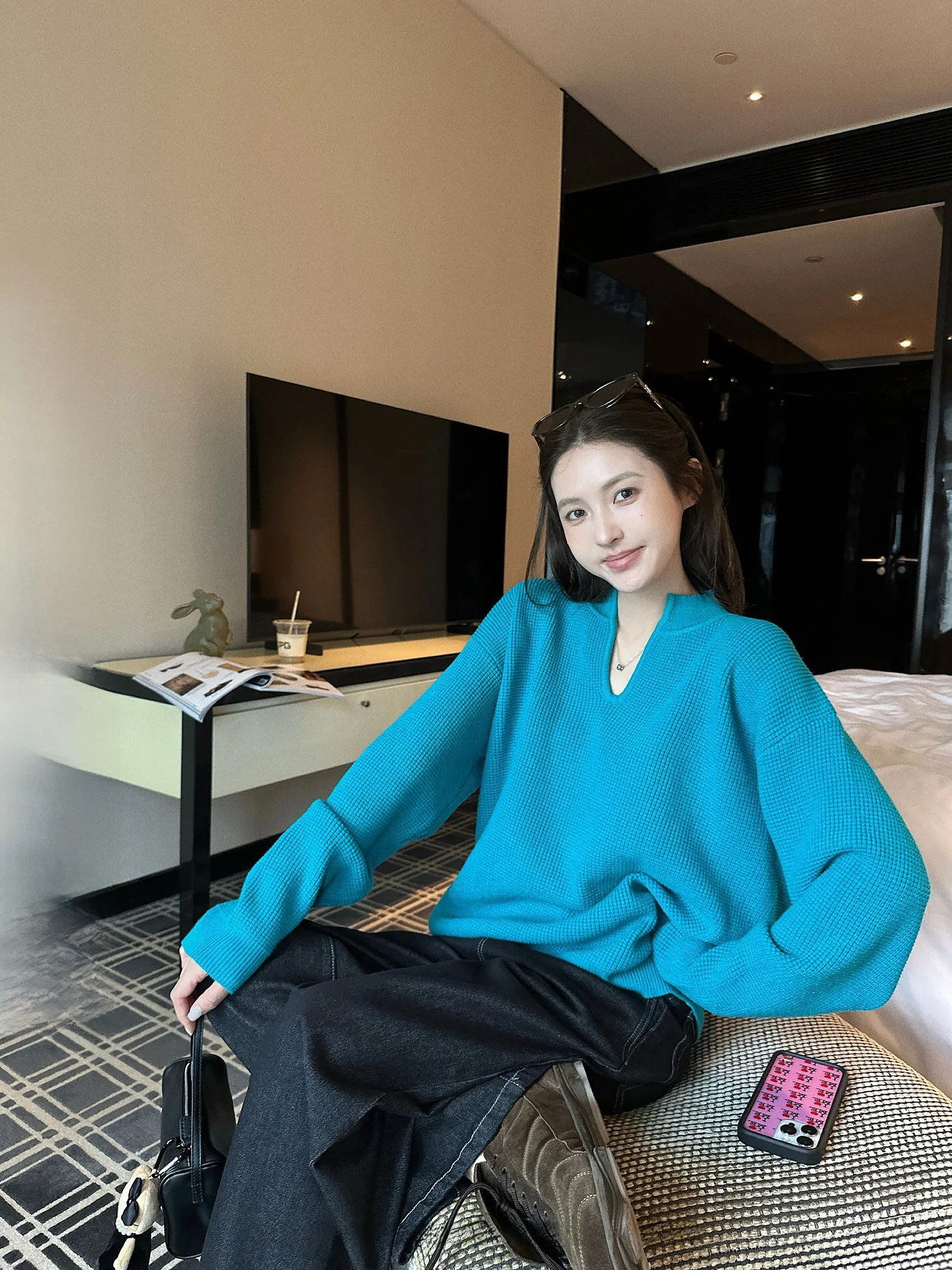 

Ningshi Women's V-neck Sweater Loose Casual Style Early Autumn New Simple Knitted Top Slimming Versatile Casual Wear